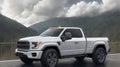 A pickup truck is driving down the road. Dark dramatic landscape as background, gloomy sky with rainy clouds, forest and hill. Royalty Free Stock Photo