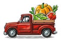 Retro pickup truck with fresh vegetables. Delivery of organic food from the farm. Vector illustration