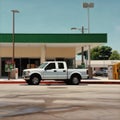A pickup truck in gas station and convenience store at street corner near Sam Houston Highway.