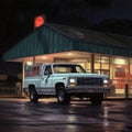 A pickup truck in gas station and convenience store at street corner near Sam Houston Highway.