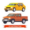 Pickup truck and middle sized sedan in 3d Royalty Free Stock Photo