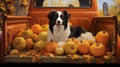 A pickup truck trailer and on it a black and white dog lying in pumpkins. Pumpkin as a dish of thanksgiving for the harvest Royalty Free Stock Photo