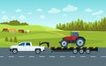 A pickup truck with a trailer transports a tractor on the road against the backdrop of a rural landscape. Vector flat style