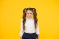 Picky kid. Adorable schoolgirl. Schoolgirl pupil long hair cute ponytails hairstyle. Educational program. Homeschooling