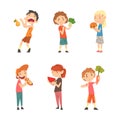 Picky kids refusing vegetables and fruit prefer fast food dishes set cartoon vector illustration