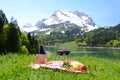 Picnic in Alpine meadow. Switzerland