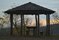 Picnic area with benches, table and sunshade during sunset on top of fruska Gora mountain, Serbia