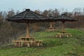 Picnic area with benches, table and sunshade on top of fruska Gora mountain, Serbia