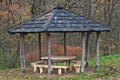 Picnic area with benches, table and sunshade on top of fruska Gora mountain, Serbia