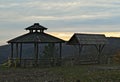 Picnic area with benches, table and sunshade on top of fruska Gora mountain, Serbia