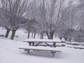 Picnic area covered in snow Royalty Free Stock Photo