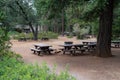 Picnic area with tables and grills in McArthur Burney Falls State Park in California Royalty Free Stock Photo