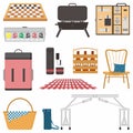 Picnic attributes flat color vector object set. Basket, table, chair, backpack, beer etc. Picnic in sunny day isolated cartoon Royalty Free Stock Photo