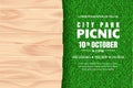 Picnic background. Vector poster, banner design template with realistic wooden table on green grass lawn