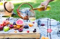 Picnic background with white wine and summer fruits on green grass, summertime party Royalty Free Stock Photo