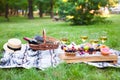 Picnic background with white wine and summer fruits on green grass, summertime party Royalty Free Stock Photo