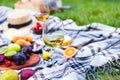 Picnic background with white wine and summer fruits on green grass, summertime party Royalty Free Stock Photo