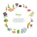 Picnic Barbecue Banner Card Circle Isometric View. Vector