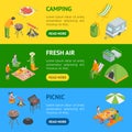 Picnic Barbecue Banner Horizontal Set Isometric View. Vector