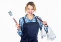 Picnic and barbecue. Cooking meat in park. Barbecue master. Woman checkered shirt and apron for cooking white background