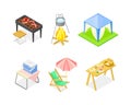 Picnic with Barbecue Grill, Campfire, Deckchair with Umbrella and Table Isometric Vector Set