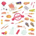 Picnic barbecue grill food set of barbeque meat accessories icons with steak, grilled sausages, salmon, fork collection Royalty Free Stock Photo