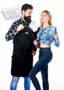 Picnic and barbecue. Man bearded hipster and girl ready for barbecue party. Culinary concept. Family weekend. Couple in Royalty Free Stock Photo