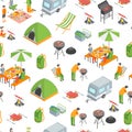 Picnic Barbecue Seamless Pattern Background Isometric View. Vector