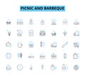 Picnic and barbeque linear icons set. Sizzling, Outdoorsy, Chill, Smoky, Grilled, Juicy, Scrumptious line vector and