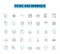 Picnic and barbeque linear icons set. Sizzling, Outdoorsy, Chill, Smoky, Grilled, Juicy, Scrumptious line vector and