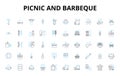 Picnic and barbeque linear icons set. Sizzling, Outdoorsy, Chill, Smoky, Grilled, Juicy, Scrumptious vector symbols and