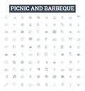 Picnic and barbeque vector line icons set. Picnic, Barbeque, BBQ, Outdoor, Grill, Cookout, Feast illustration outline Royalty Free Stock Photo