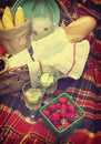 Picnic basket with berries, lemonade, corn and bread. Royalty Free Stock Photo