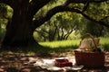 picnic basket, blanket, and a good book under a trees shade Royalty Free Stock Photo