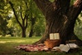 picnic basket, blanket, and a good book under a trees shade Royalty Free Stock Photo