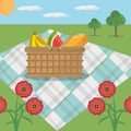 Picnic basket blanket meadow flowers Royalty Free Stock Photo