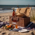 Picnic basket, blanket, pillows, food and dishes in a beautiful landscape on the beach near the sea. Royalty Free Stock Photo