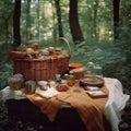 Picnic basket, blanket, pillows, food and dishes in a beautiful landscape on forest edge.