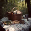 Picnic basket, blanket, pillows, food and dishes in a beautiful landscape on forest edge.