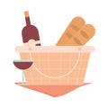 picnic basket blanket wine bottle glass and bread Royalty Free Stock Photo