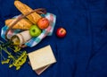 Picnic basket on the blue carpet top view. Books, yellow flowers Royalty Free Stock Photo