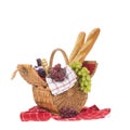 Picnic basket with bread wine and grapes Royalty Free Stock Photo