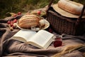 Picnic basket with croissants, bread, wine and book on blanket, Picnic on the grass. A wicker basket with milk and bread, fruit, a