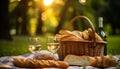 Picnic basket filled with fresh food, wine, and relaxation generated by AI Royalty Free Stock Photo