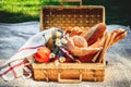Picnic basket filled with fruit , bread and jar with apricot jam Royalty Free Stock Photo