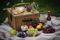 picnic basket filled with fruit, cheese, and wine for sweet and simple picnic Royalty Free Stock Photo