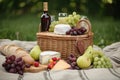 picnic basket filled with fruit, cheese, and wine for sweet and simple picnic Royalty Free Stock Photo