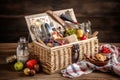 picnic basket filled with picnic essentials and sitting on wooden table