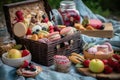picnic basket filled with sandwiches, fruit, and sweets