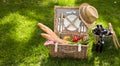Picnic basket filled with several foodstuffs Royalty Free Stock Photo